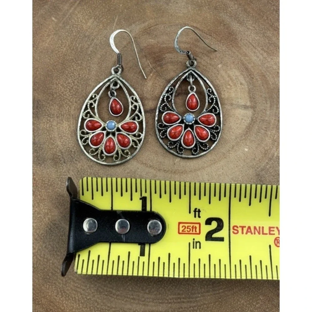 Faux Blue Turquoise & Coral Silver Southwestern Filigree Teardrop Earrings Boho